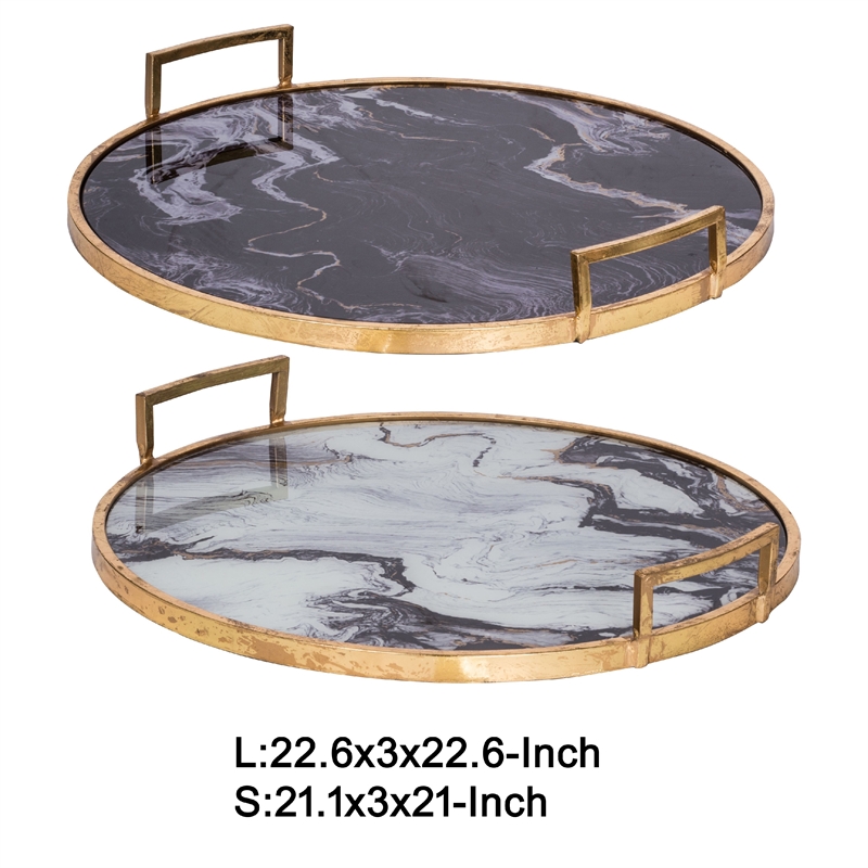 Set of 2 Decorative Trays with Handles- Black White Faux Marble Print- Gold