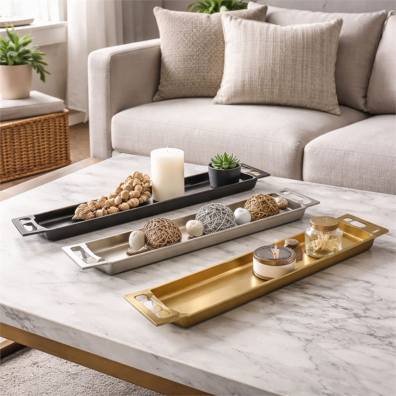 Slim Decorative Runner Tray Set of 3- Black Silver and Gold Aluminum
