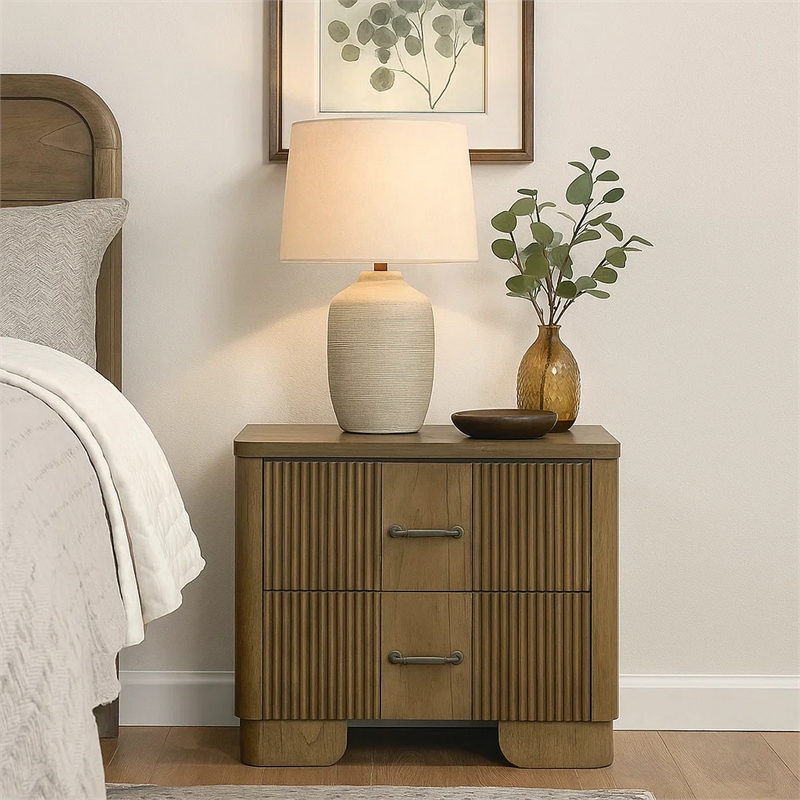 Leky Nightstand- 2 Reeded Drawers- Rounded Corners- Antique Oak Brown
