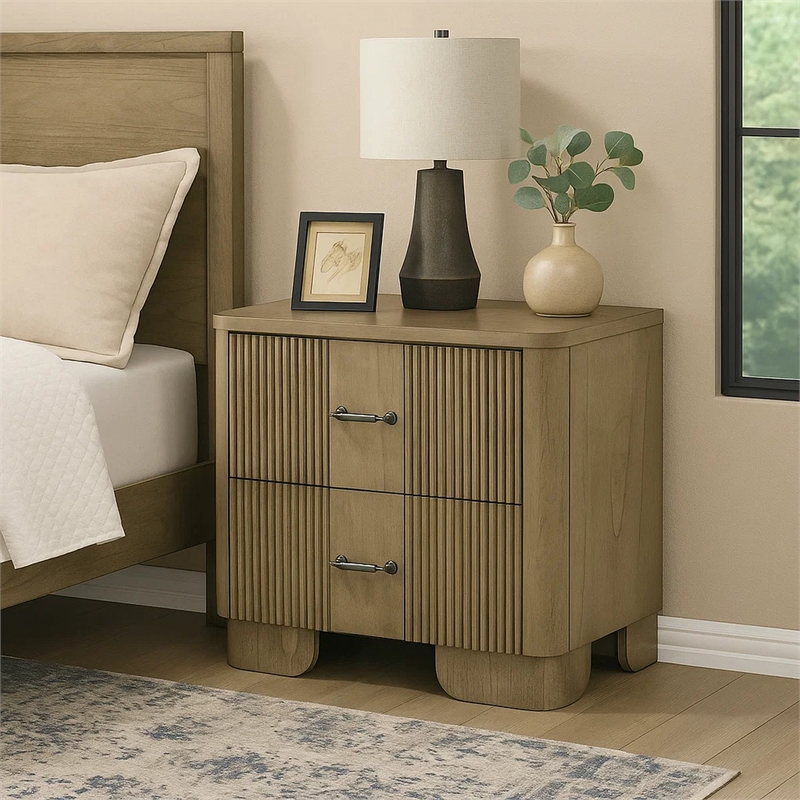 Leky Nightstand- 2 Reeded Drawers- Rounded Corners- Antique Oak Brown