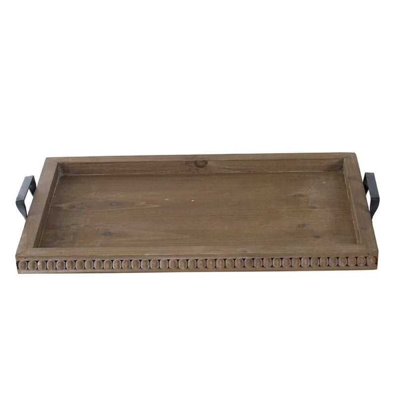 Liy 24 Inch Decor Serving Tray- Beaded Frame- Fir Wood- Metal Handles