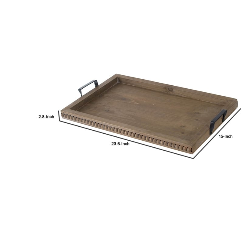 Liy 24 Inch Decor Serving Tray- Beaded Frame- Fir Wood- Metal Handles