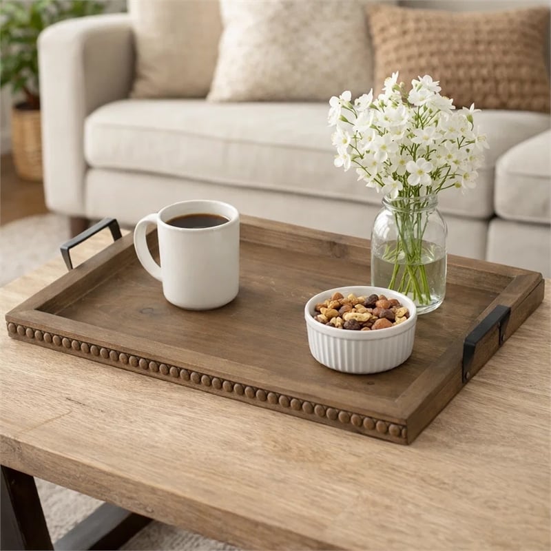 Liy 24 Inch Decor Serving Tray- Beaded Frame- Fir Wood- Metal Handles