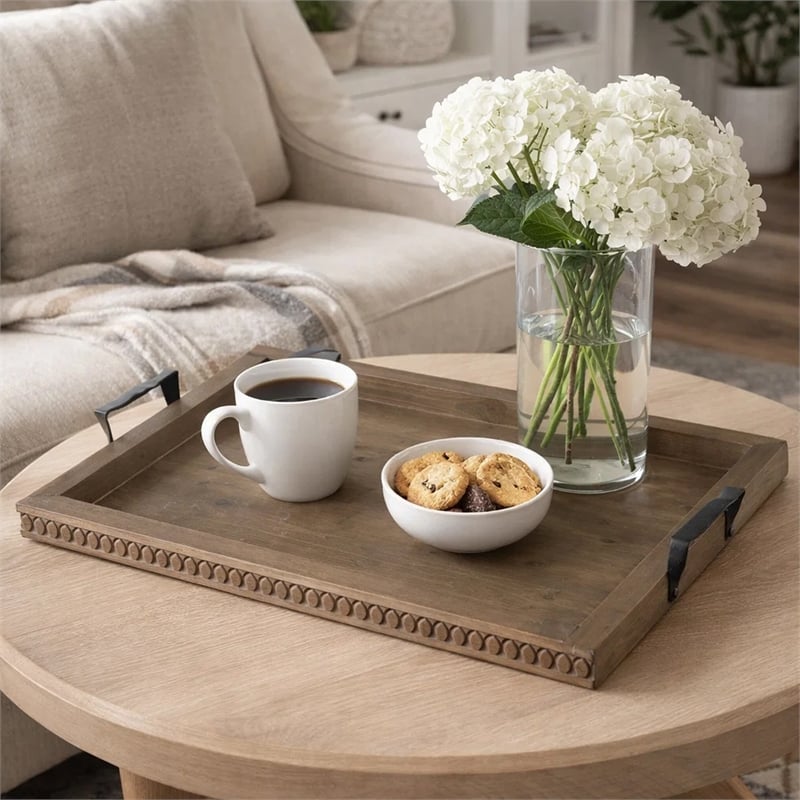 Liy 24 Inch Decor Serving Tray- Beaded Frame- Fir Wood- Metal Handles