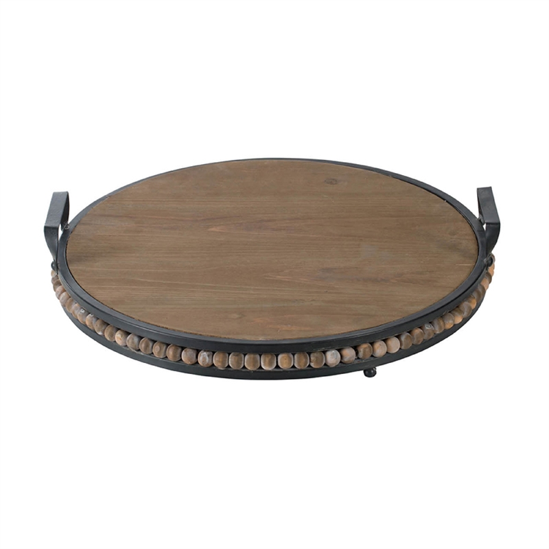 Liy 18 Inch Round Serving Tray- Beaded Brown Fir Wood- Metal Handles