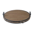 Liy 18 Inch Round Serving Tray- Beaded Brown Fir Wood- Metal Handles