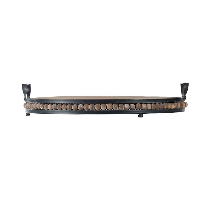 Liy 18 Inch Round Serving Tray- Beaded Brown Fir Wood- Metal Handles