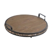Liy 18 Inch Round Serving Tray- Beaded Brown Fir Wood- Metal Handles