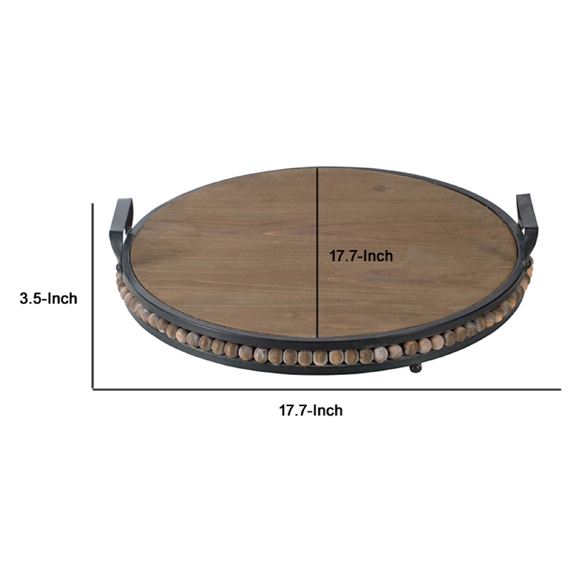 Liy 18 Inch Round Serving Tray- Beaded Brown Fir Wood- Metal Handles