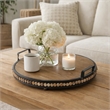 Liy 18 Inch Round Serving Tray- Beaded Brown Fir Wood- Metal Handles