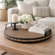 Liy 18 Inch Round Serving Tray- Beaded Brown Fir Wood- Metal Handles