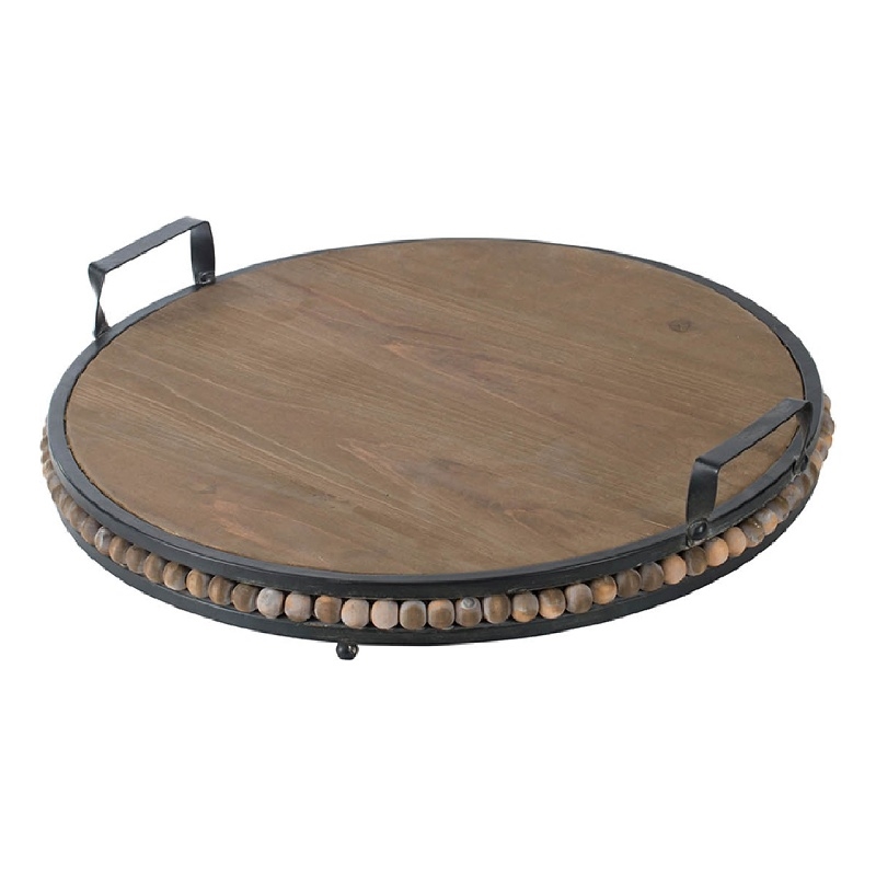Liy 18 Inch Round Serving Tray- Beaded Brown Fir Wood- Metal Handles