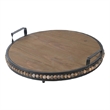 Liy 18 Inch Round Serving Tray- Beaded Brown Fir Wood- Metal Handles