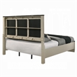 Trex Queen Bed- Gray Linen Upholstery- Marble Print Tops- Fluted Beige Wood