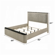 Trex Queen Bed- Gray Linen Upholstery- Marble Print Tops- Fluted Beige Wood