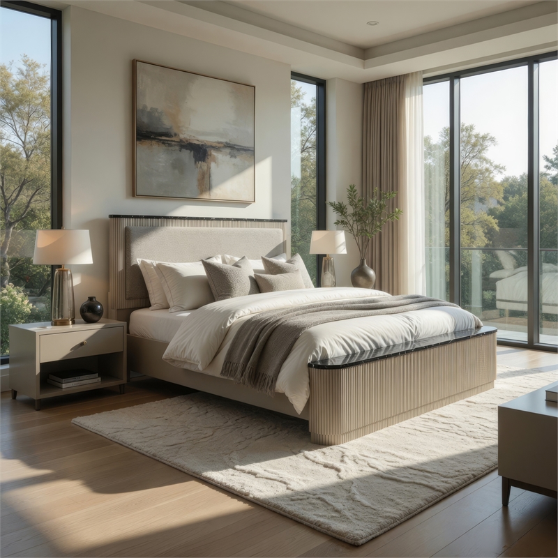 Trex Queen Bed- Gray Linen Upholstery- Marble Print Tops- Fluted Beige Wood