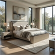 Trex Queen Bed- Gray Linen Upholstery- Marble Print Tops- Fluted Beige Wood