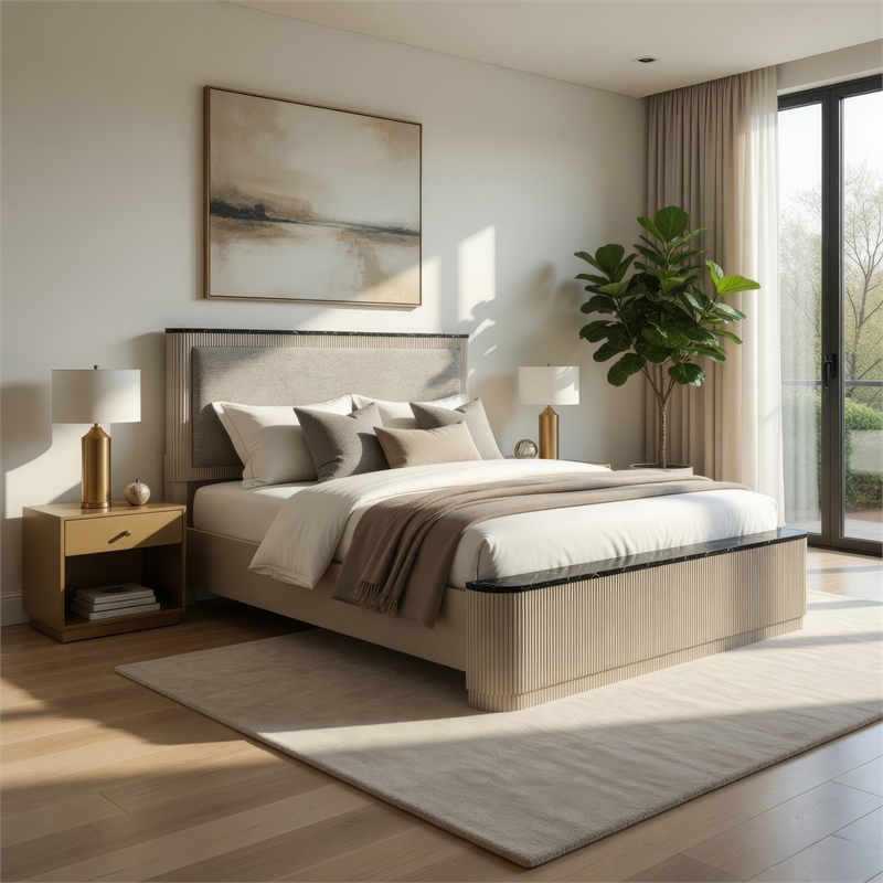 Trex Queen Bed- Gray Linen Upholstery- Marble Print Tops- Fluted Beige Wood