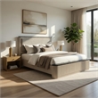 Trex Queen Bed- Gray Linen Upholstery- Marble Print Tops- Fluted Beige Wood