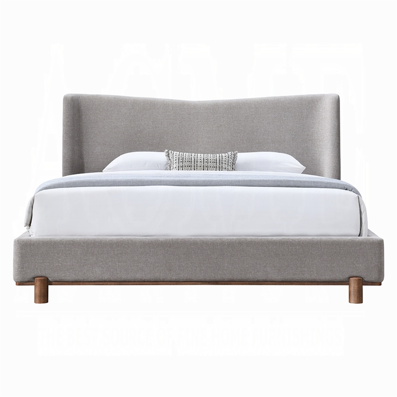 Mely Queen Platform Bed- Wingback Headboard Gray Chenille Upholstery- Brown