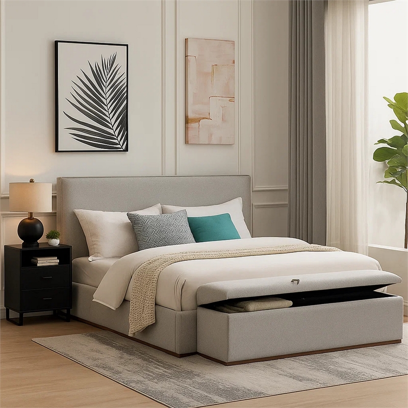 Bex King Platform Bed- Lift Top Storage Bench- Gray Linen Upholstery