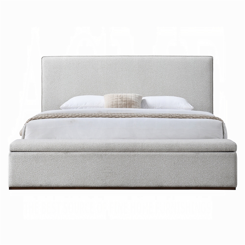 Bex Queen Platform Bed- Lift Top Storage Bench Gray Linen Upholstery- Brown