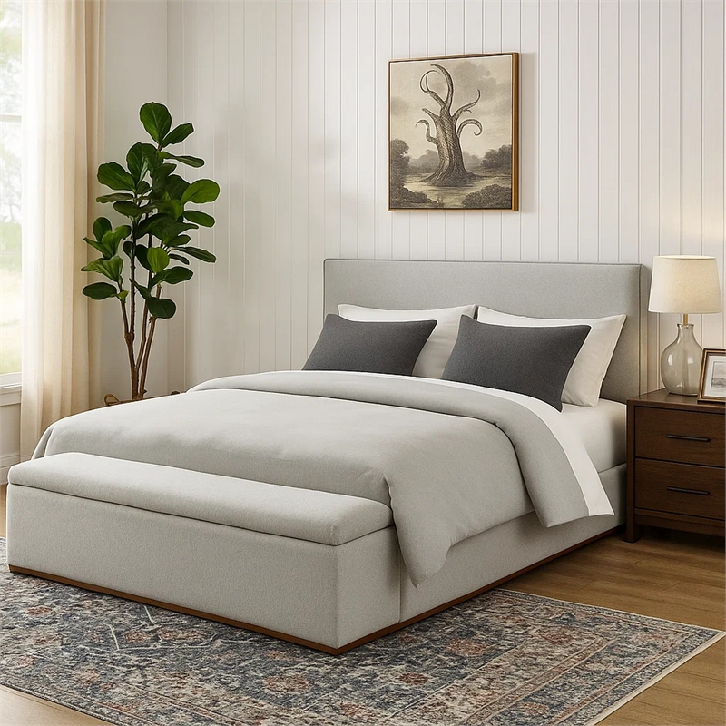 Bex Queen Platform Bed- Lift Top Storage Bench Gray Linen Upholstery- Brown