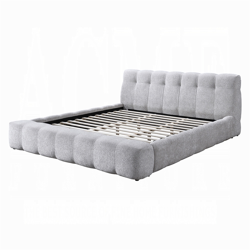 Nah King Platform Bed with Bench- Grid Tufted- Channeled Gray Chenille
