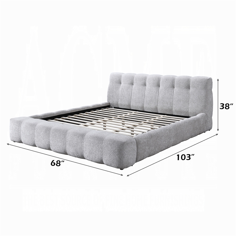 Nah Queen Platform Bed with Bench- Grid Tufted- Channeled Gray Chenille