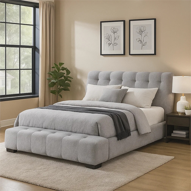 Nah Queen Platform Bed with Bench- Grid Tufted- Channeled Gray Chenille