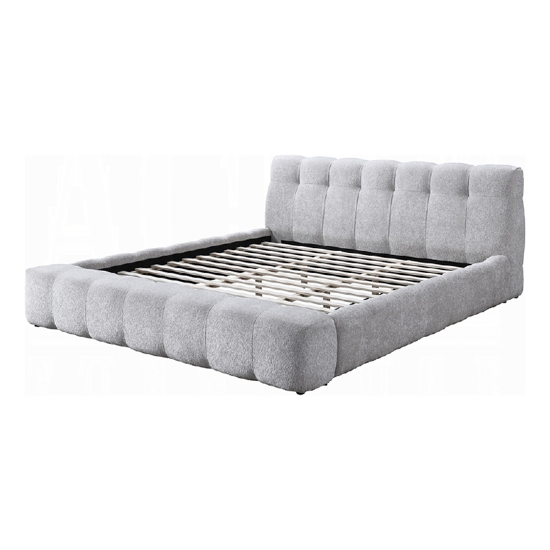 Nah Queen Platform Bed with Bench- Grid Tufted- Channeled Gray Chenille