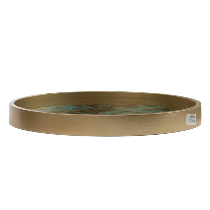 Jemin Decorative Tray with Swirl Patterns- Gold MDF Rim- Blue Glass 18 Inch