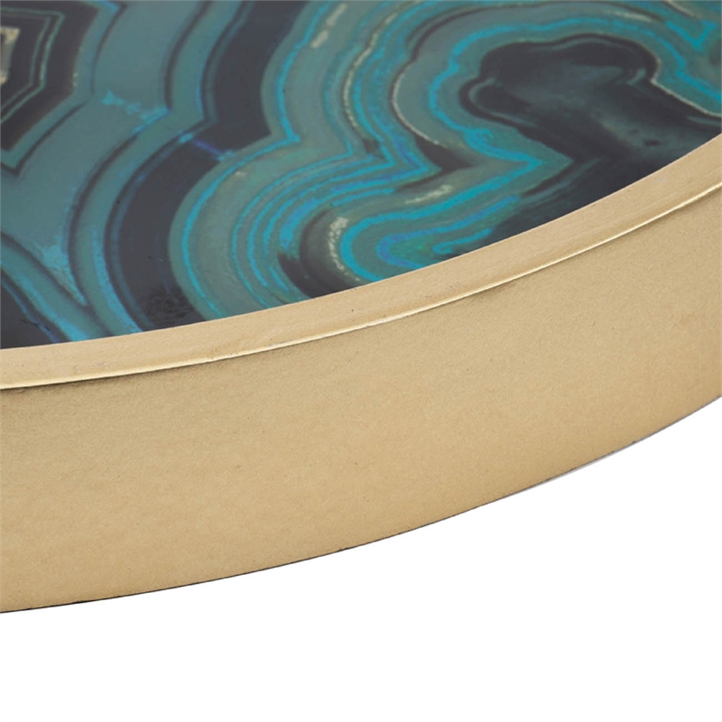 Jemin Decorative Tray with Swirl Patterns- Gold MDF Rim- Blue Glass 18 Inch