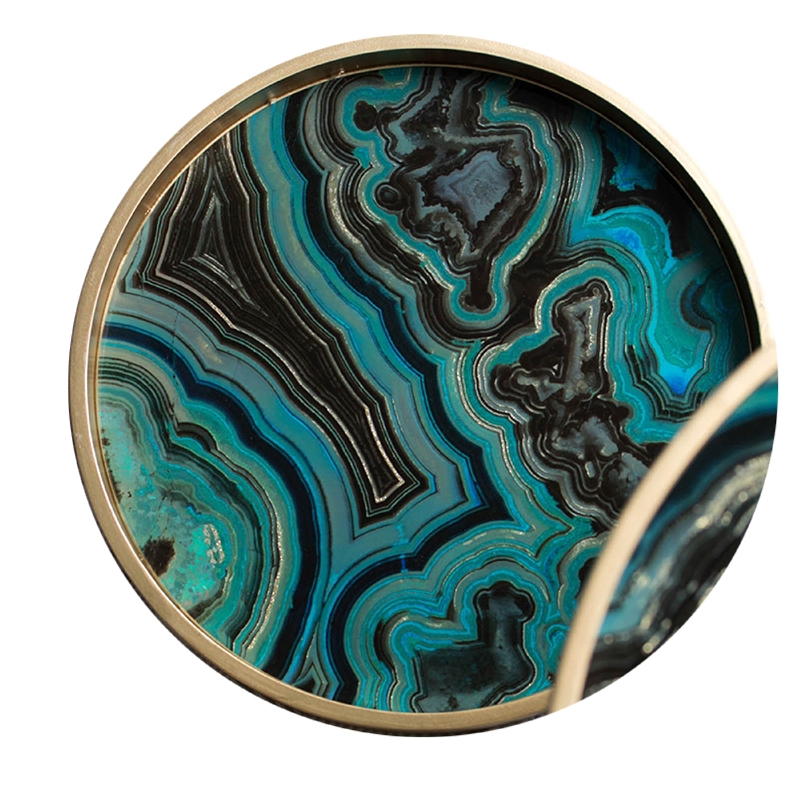 Jemin Decorative Tray with Swirl Patterns- Gold MDF Rim- Blue Glass 18 Inch