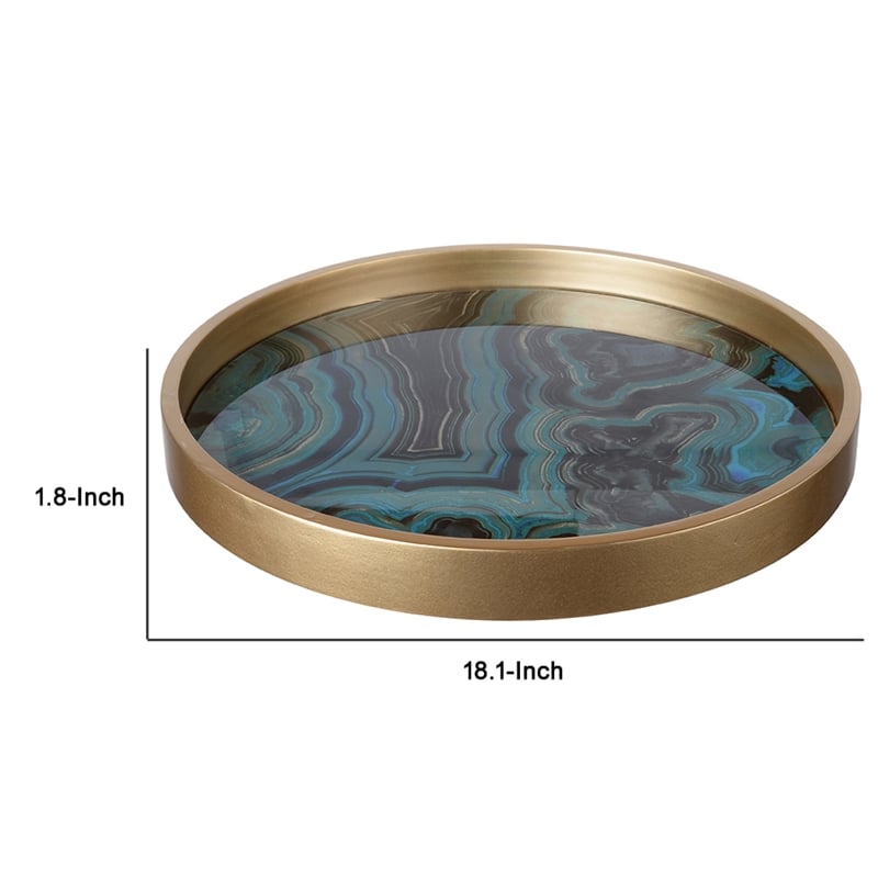 Jemin Decorative Tray with Swirl Patterns- Gold MDF Rim- Blue Glass 18 Inch