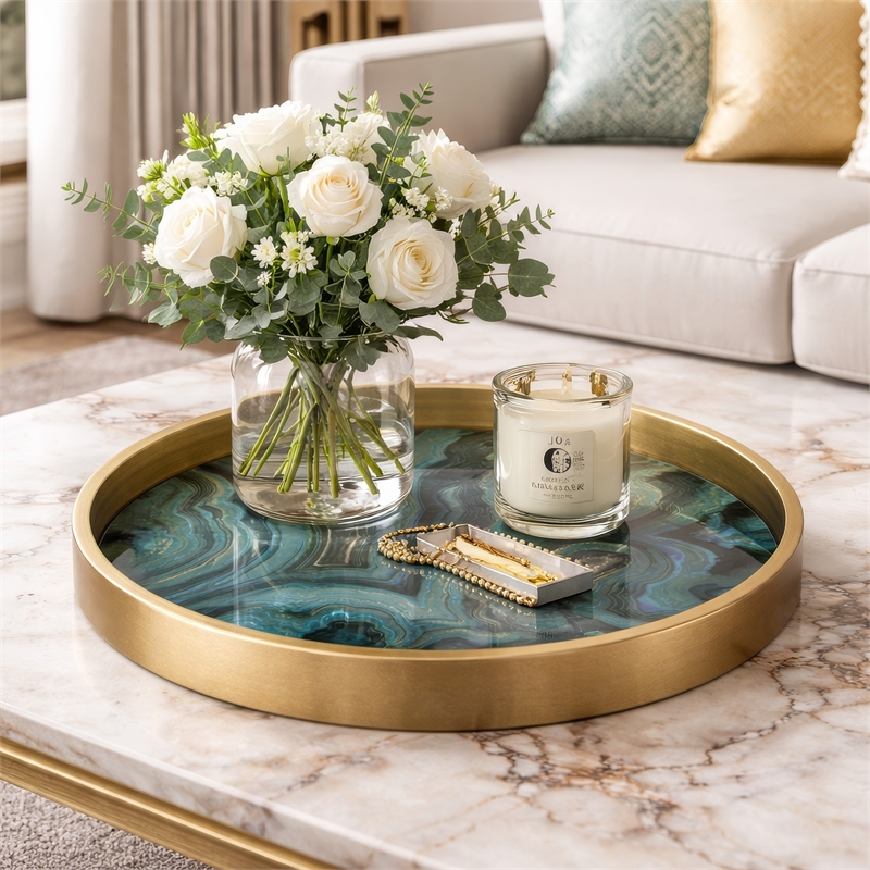 Jemin Decorative Tray with Swirl Patterns- Gold MDF Rim- Blue Glass 18 Inch