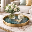 Jemin Decorative Tray with Swirl Patterns- Gold MDF Rim- Blue Glass 18 Inch