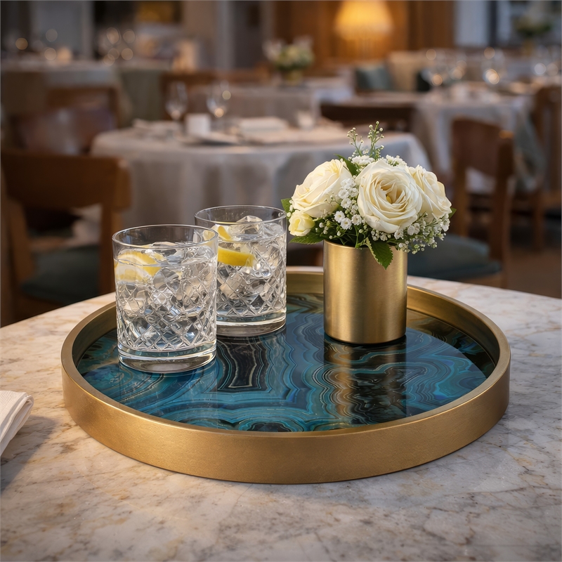 Jemin Decorative Tray with Swirl Patterns- Gold MDF Rim- Blue Glass 18 Inch