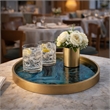 Jemin Decorative Tray with Swirl Patterns- Gold MDF Rim- Blue Glass 18 Inch