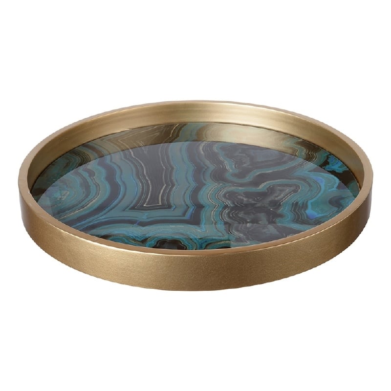 Jemin Decorative Tray with Swirl Patterns- Gold MDF Rim- Blue Glass 18 Inch