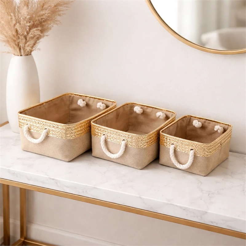 Nesting Basket Set of 3- Rope Handles- Gold Accents- Brown Jute Fabric