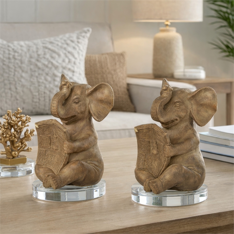 Accent Bookends Set of 2- Reading Elephants- Antique Brown- 9 Inch
