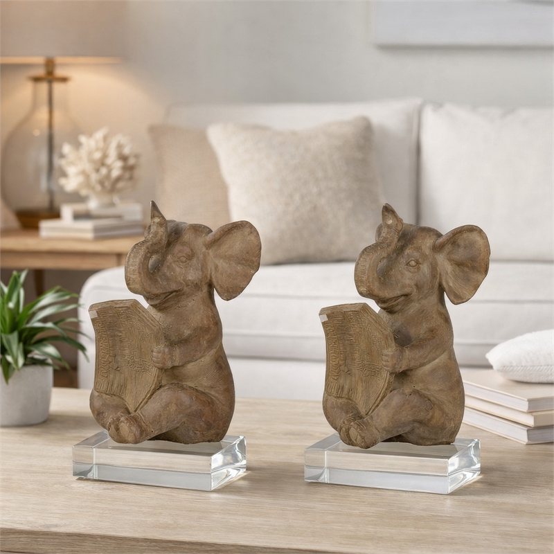 Accent Bookends Set of 2- Reading Elephants- Antique Brown- 9 Inch