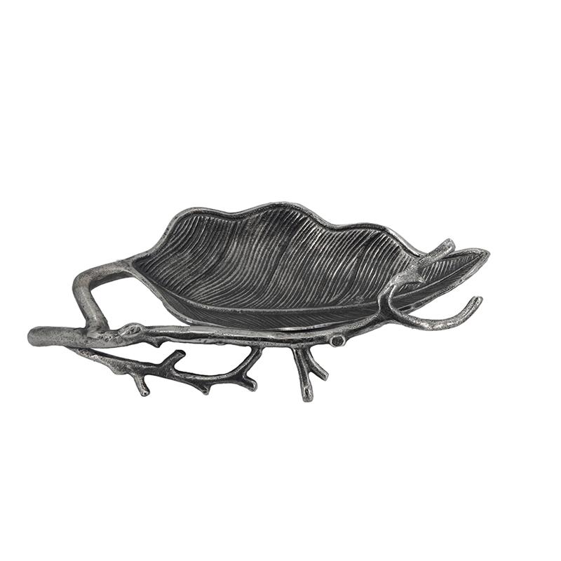 Decorative Leaf Accent Bowl Tray- 16 Inch Antique Silver Aluminum