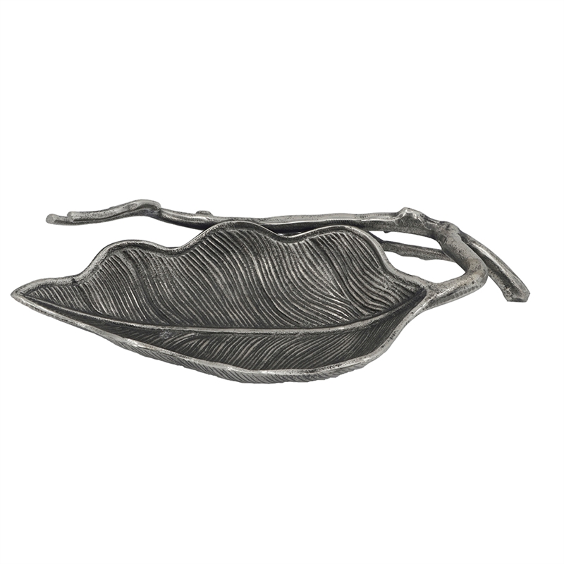 Decorative Leaf Accent Bowl Tray- 16 Inch Antique Silver Aluminum