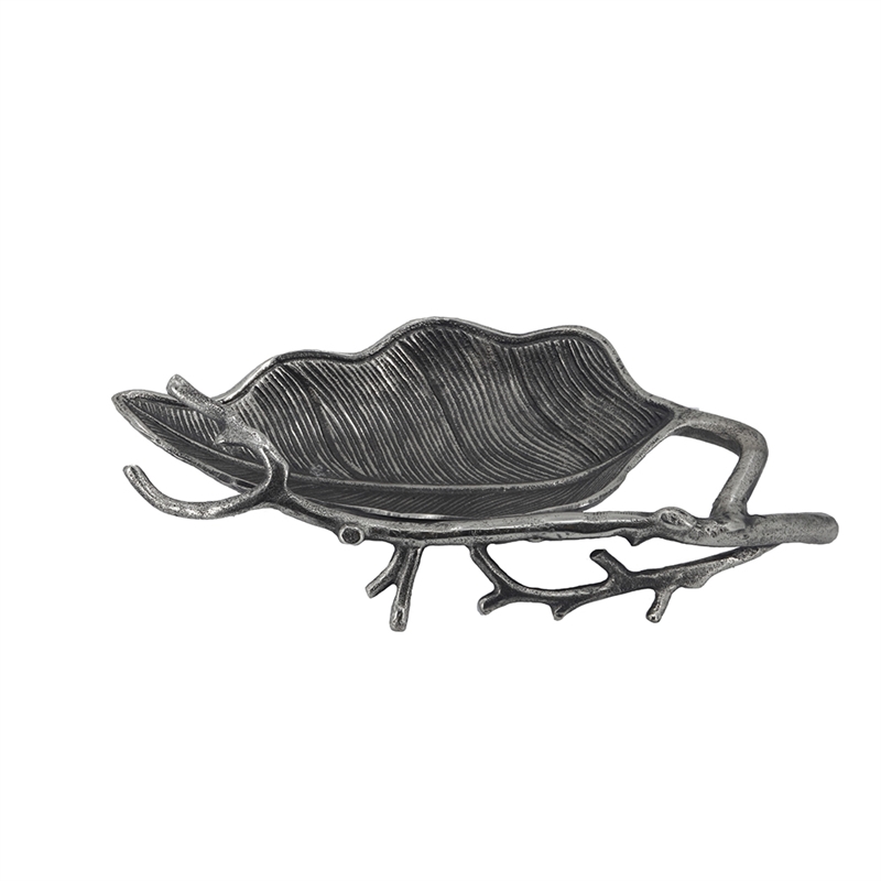 Decorative Leaf Accent Bowl Tray- 16 Inch Antique Silver Aluminum