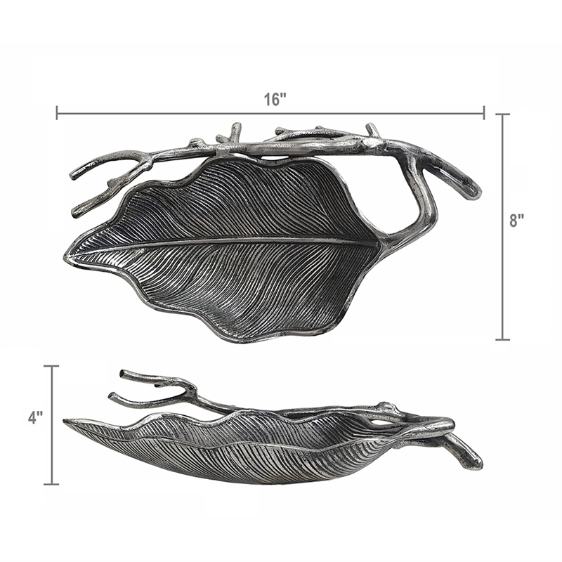 Decorative Leaf Accent Bowl Tray- 16 Inch Antique Silver Aluminum