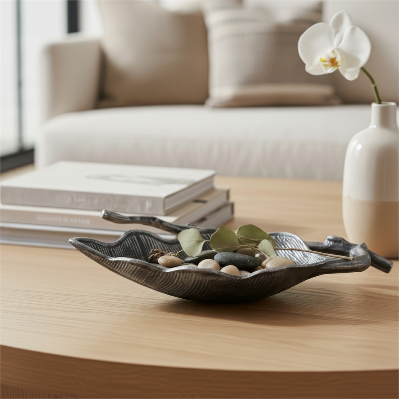 Decorative Leaf Accent Bowl Tray- 16 Inch Antique Silver Aluminum