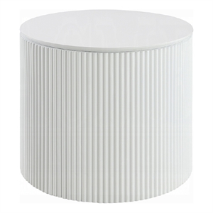Del Modern Side End Table- 22 Inch Round Top- Glossy White Ribbed Base