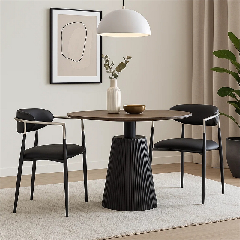 Vonn Dining Armchair Set of 2- Faux Leather Seat- Curved Back- Black Metal